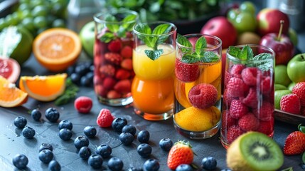 Table Topped With Glasses of Fruit. Generative AI