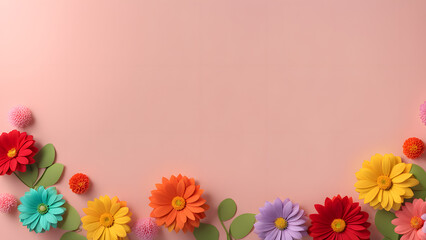 A colorful bouquet of flowers is arranged in a row on a pink background
