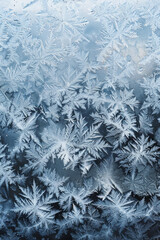 The textured surface of a frost-covered windowpane features intricate frost patterns and icy formations. Frosty window textures offer a chilly and wintery backdrop