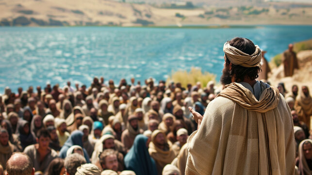 Jesus preaching to a crowd by the shores of the Sea of Galilee, using parables to convey profound spiritual truths.
