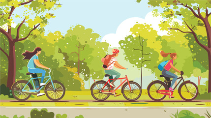 Active family riding on bicycles in the park. Flat Vector