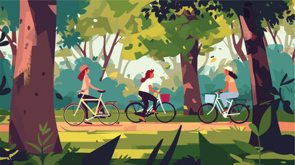 Active family riding on bicycles in the park. Flat Vector