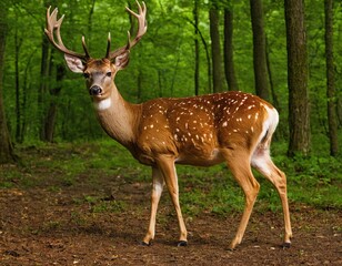 Obraz premium A deer with antlers is standing in a grassy field