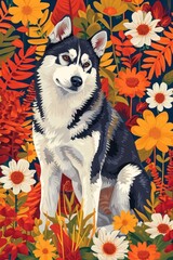 flat illustration of Siberian Husky dog with calming colors
