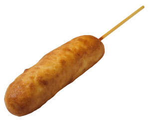 A corn dog with mustard on top, skewered on a stick, against a black background.

