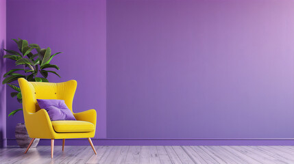 Minimalist yellow armchair and purple wall interior design, with wooden floor, and potted plant in the corner, in 3D illustration