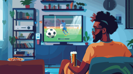 Afro american man watching soccer on the TV with beer