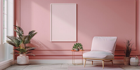 An empty pink room with a white armchair, plants, and a frame on the wall in art deco style