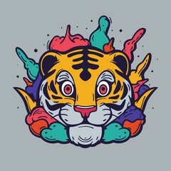 cartoon illustration of tiger head with colorful abstract elements, can be used as logo, print design for any product