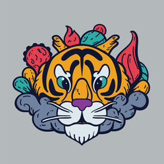 cartoon illustration of tiger head with colorful abstract elements, can be used as logo, print design for any product