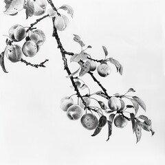 A black and white drawing of a branch of a tree with many small round fruit.