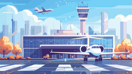 Airport building exterior with jet airplane and city.