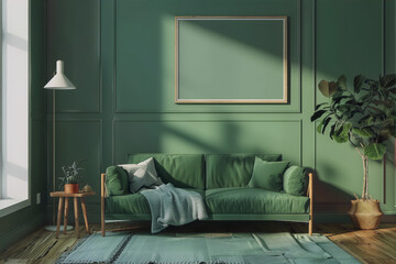 An empty green living room with a green sofa, a green rug, and a plant in the corner, bathed in sunlight, interior design, 3D rendering