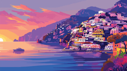 Amalfi coast at sunset Italy. Beautiful view of Amalf - obrazy, fototapety, plakaty