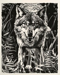 Fototapeta premium A black and white drawing of a wolf standing in a dark forest, its eyes glowing in the darkness.