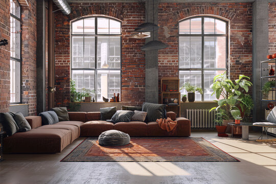 Exposed brick walls and large windows in a modern industrial style living room with a large brown leather sectional sofa, a red patterned rug, and potted plants.