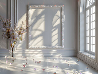 Dynamic Shadows: Radiant Light and Shadows Play on White Frame Mockup in Gallery Space