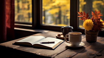cup of coffee and book on table alongside window  - Powered by Adobe