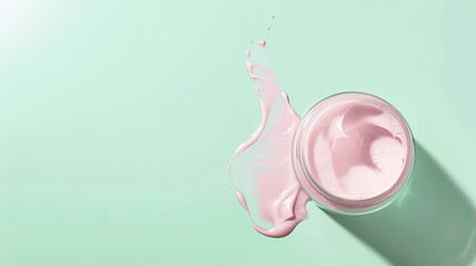 Pink cream in a transparent jar on a green background
