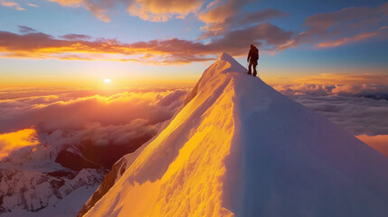 mountain climber stands on the summit of a snow-capped mountain as the sun sets behind them, casting a pink and purple glow over the scene.