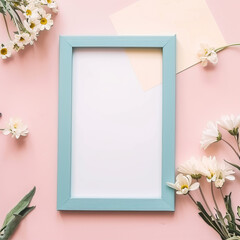 Blue photo frame on a pink background with flowers

