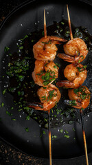 Shrimp Skewers with Cilantro Balsamic, top view, on a black plate, food photography, food menu, ...