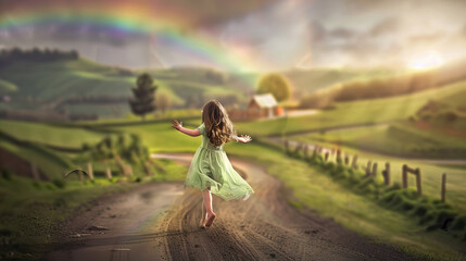 A little girl in a green dress runs along the road, there is a rainbow in the sky above her
