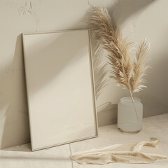 Wooden empty frame with white leaf on beige background and vase with dry grass nearby
