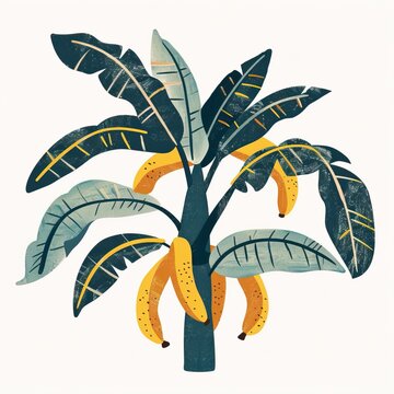 A cartoon banana tree with bunches of yellow bananas and blue and green leaves.