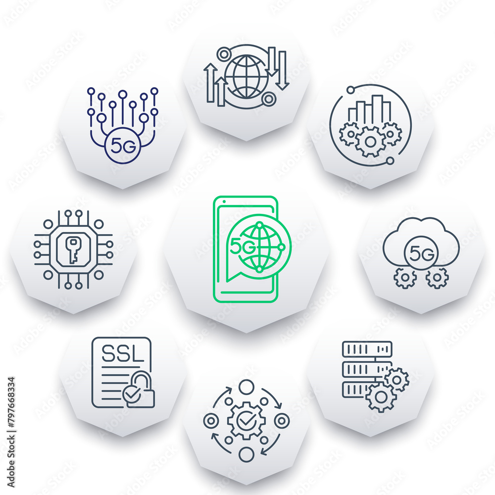 Poster 5G network technology line icons, line design