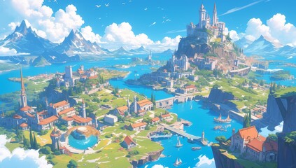 A large cartoon game map of an island, the whole world is surrounded by water and mountains in front. 