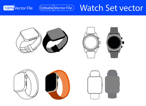 Set Smart Watch Outline Icon, Illustration on Isolated White Background Suitable for Fashion, Person's hand indicates a wrist watch. One line art. Smart watch on wrist. Hand drawn vector,
