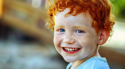 Portrait of a small, red-haired, smiling boy
