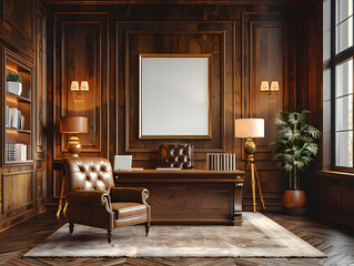 Refined Sophistication: White Frame Mockup Enhances Elegant Home Office Decor