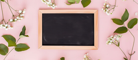 Black, coated board in a wooden frame on a pink background
