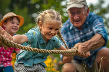 Obraz premium children compete in tug of war with grandfathers or old men