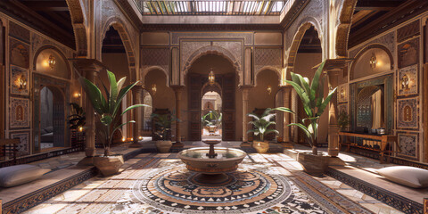 arabic courtyard atrium interior intricate ornate fountain plants sunlight - obrazy, fototapety, plakaty