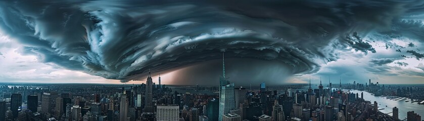 Massive vortex above city skyline ominous clouds