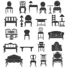 Silhouette Retro furniture icons set black color