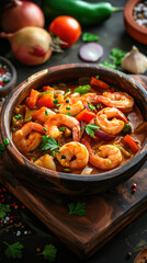 wooden bowl of shrimp and vegetables in red sauce, surrounded by tomatoes, garlic, green peppers,...