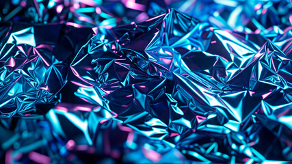 Shimmering blue foil texture background, marked by metallic luster and reflective surfaces.Wrinkled blue foil sheet background
