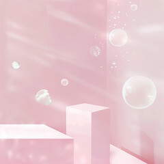 Pink, abstract background with product stands and bubbles in 3d style

