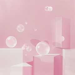 Pink, abstract background with product stands and bubbles in 3d style
