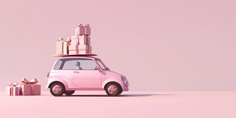 Pink car with big boxes of gifts on a pink background

