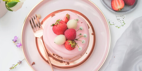 Pink dessert decorated with strawberries on a plate on the table
