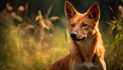 Dhole Asian Wild Dog Sitting in Tall Grass