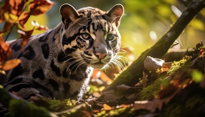 Obraz premium Close Up of Clouded Leopard Amidst Leaves in Field