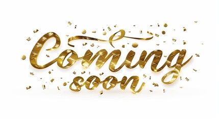 glittery gold coming soon sign on a white background