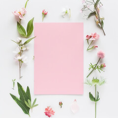 Pink sheet of paper on a white table with flowers around

