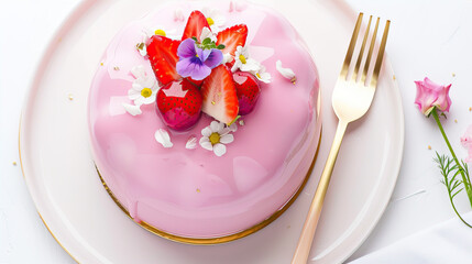 A pink dessert decorated with strawberries lies on a plate next to a golden fork.
